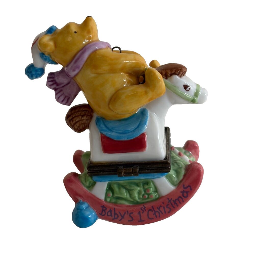Disney Winnie the Pooh Baby's 1st Christmas Glass Ornament Pooh Bear On Horse